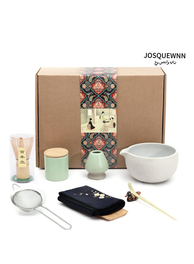 جوسكوين طقم شاي ماتشا الياباني، وعاء مع صنبور تصب، خفاقة، مغرفة شاي، حامل خفاقة من السيراميك، علبة مسحوق ماتشا، مجموعة أدوات حفل ماتشا مصنوعة يدويًا لطقوس الشاي الياباني، ٩ قطع، باللون الأبيض. - Image 1