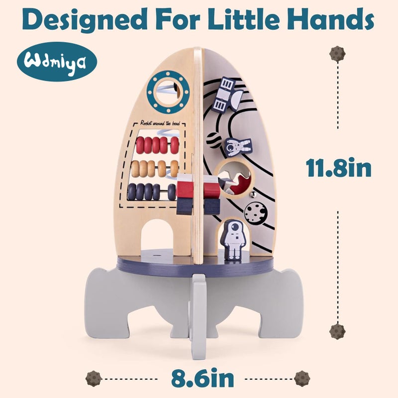 Wdmiya Space Wooden Activity Cube Toys for Baby, Montessoritoys for 1 Year Old Boy & Girl Birthday Gifts, Sensory and Educational 1st Birthday Gifts, Busy Board Toys for Baby Boy 6-18 Months (Rocket) - Image 3