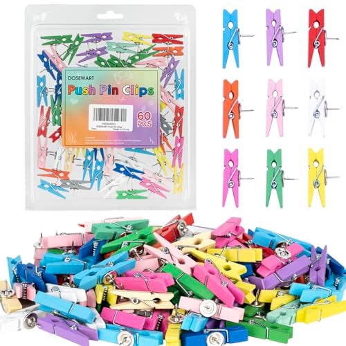 DOSEWART Push Pin Clips for Cork Board, 60 Pcs Colorful Push Pins with Wooden Clips Decorative Assorted Colors Thumbtack Pushpins Tacks for Bulletin Board Decorations, Artworks, Notes, Photos, Office and Home - Image 1