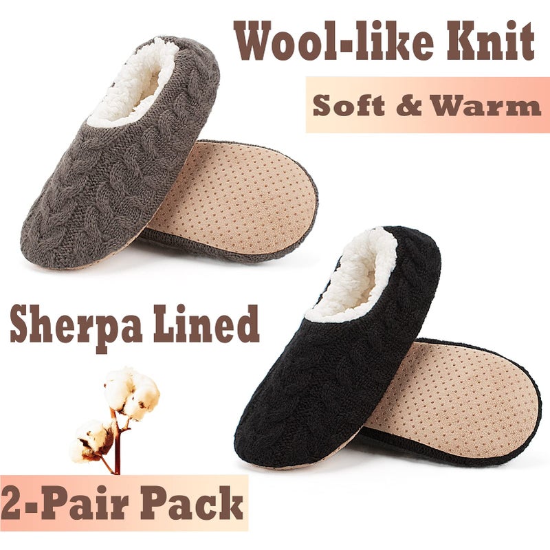 Cozylook 2-PK House Slippers for Women Indoor, Furry Non-slip Shoes, Cozy Fuzzy Fluffy Warm Bedroom Slippers With Soft Sole, Black Grey Size 5-6 - Image 4