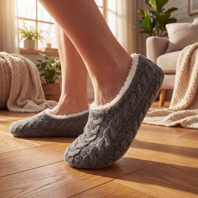 Cozylook 2-PK House Slippers for Women Indoor, Furry Non-slip Shoes, Cozy Fuzzy Fluffy Warm Bedroom Slippers With Soft Sole, Black Grey Size 5-6 - Image 2