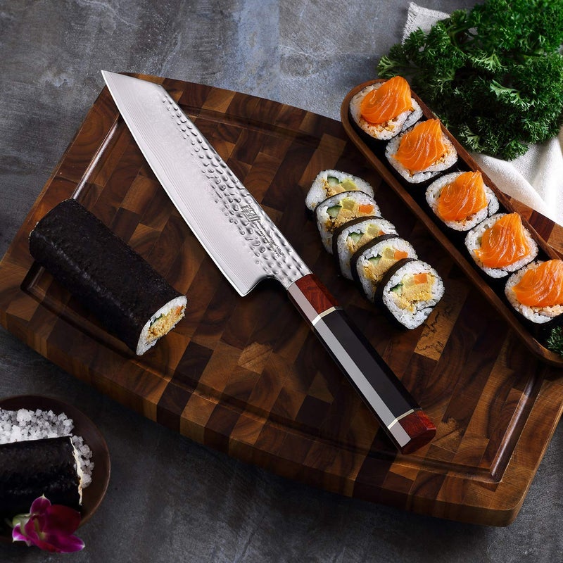 FINDKING Prestige Series Kiritsuke Knife with Walnut Cover, Japanese VG10 Damascus Steel Blade, Ebony Wood Octagonal Handle, Professional Sashimi Sushi Fish Knife (9 Inches, with Wooden Gift Box) - Image 5