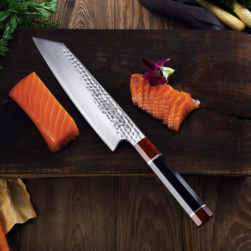 FINDKING Prestige Series Kiritsuke Knife with Walnut Cover, Japanese VG10 Damascus Steel Blade, Ebony Wood Octagonal Handle, Professional Sashimi Sushi Fish Knife (9 Inches, with Wooden Gift Box) - Image 4
