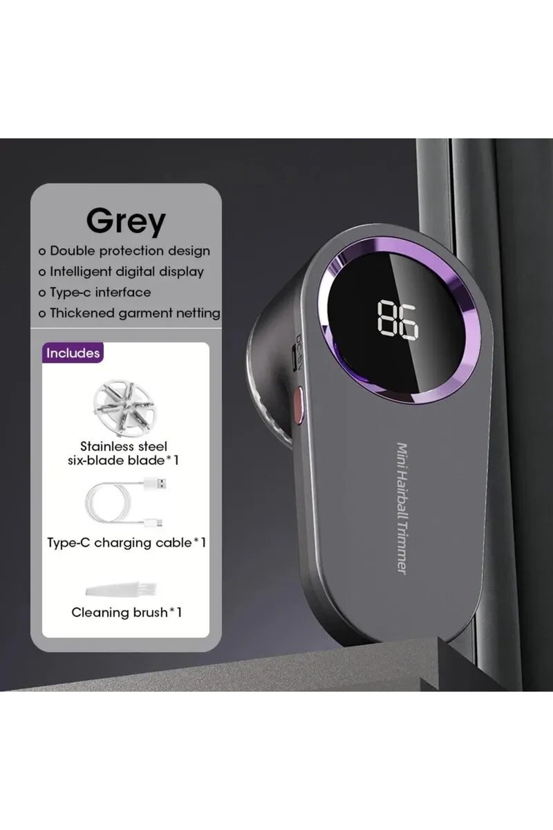 مزيل الوبر الرمادي للملابس، يعمل بتقنية LED الرقمية، مزود بحبيبات كهربائية لإزالة الوبر، قابل لإعادة الشحن عبر منفذ USB.