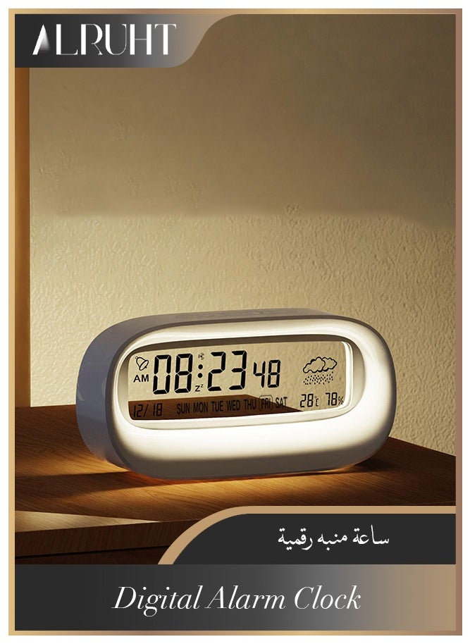 Alruht - Digital Alarm Clock, Transparent LED Display Desk Clocks, Temperature Humidity Meter, Weather Calendar Countdown Multifunction Timer, Battery Operated (Not Included) for Office, Study Room, Bedroom(White) - Image 1