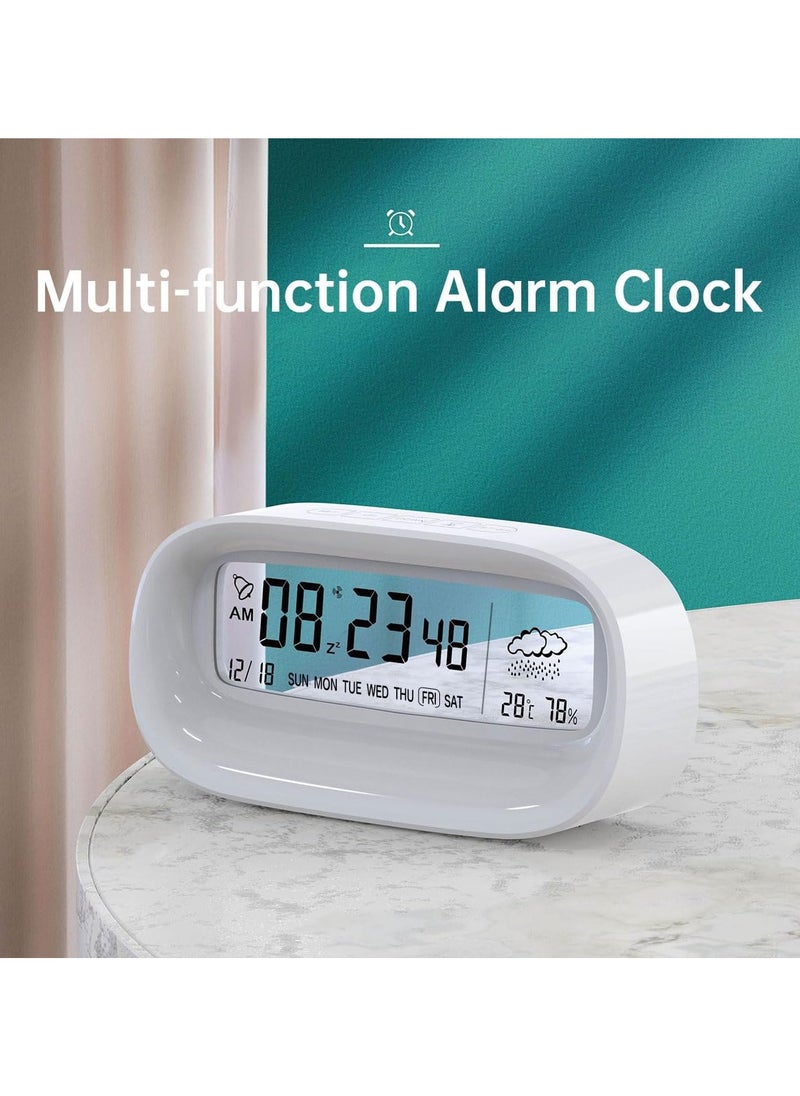 Alruht - Digital Alarm Clock, Transparent LED Display Desk Clocks, Temperature Humidity Meter, Weather Calendar Countdown Multifunction Timer, Battery Operated (Not Included) for Office, Study Room, Bedroom(White) - Image 1