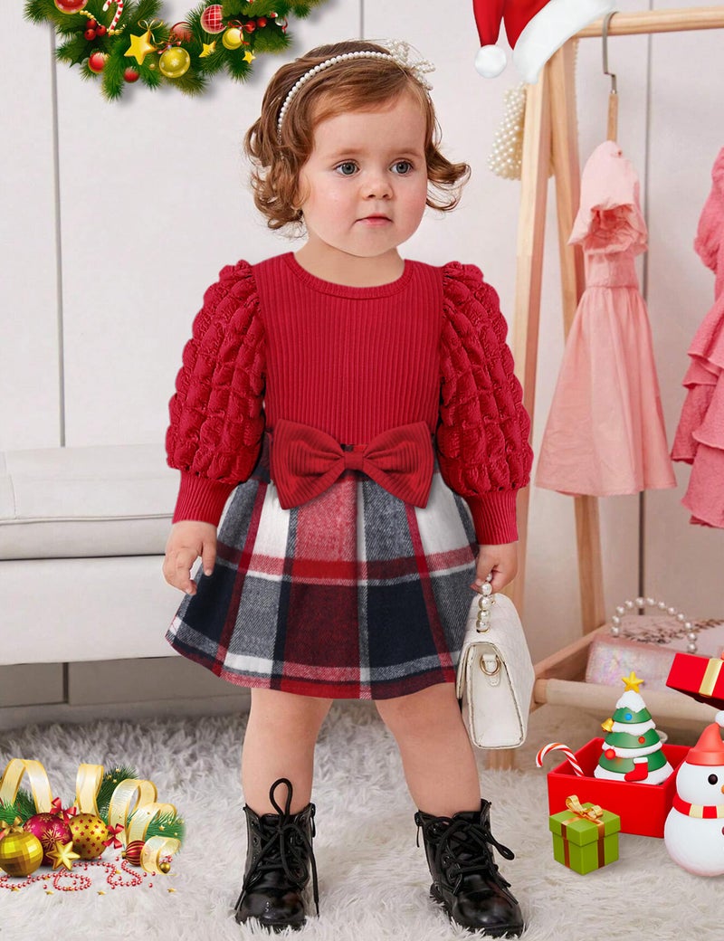 Qaoerde Baby Girl Christmas Dress Baby Girl Dresses 6-9 Months Baby Girl Dress 9-12 Months Puff Sleeve Red Plaid Dress Ribbed Baby Christmas Dress Baby Girl Fall Dress Winter Dress Christmas Outfit - Image 2