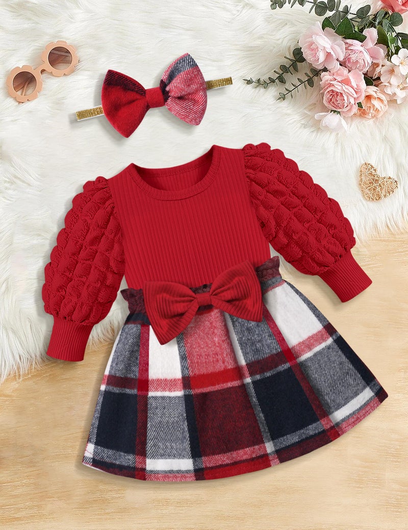 Qaoerde Baby Girl Christmas Dress Baby Girl Dresses 6-9 Months Baby Girl Dress 9-12 Months Puff Sleeve Red Plaid Dress Ribbed Baby Christmas Dress Baby Girl Fall Dress Winter Dress Christmas Outfit - Image 4