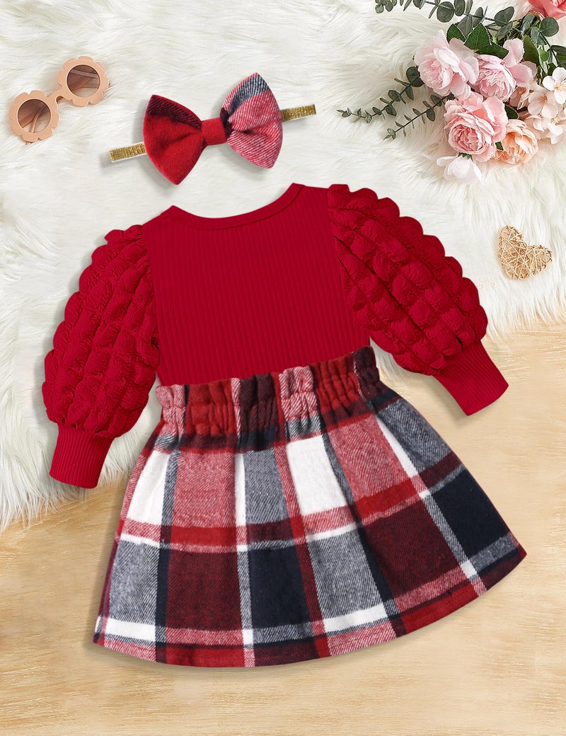 Qaoerde Baby Girl Christmas Dress Baby Girl Dresses 6-9 Months Baby Girl Dress 9-12 Months Puff Sleeve Red Plaid Dress Ribbed Baby Christmas Dress Baby Girl Fall Dress Winter Dress Christmas Outfit - Image 5