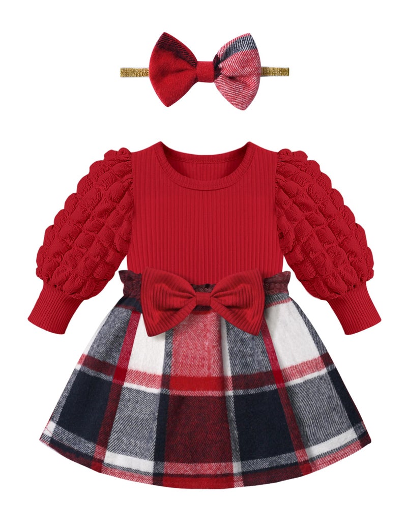 Qaoerde Baby Girl Christmas Dress Baby Girl Dresses 6-9 Months Baby Girl Dress 9-12 Months Puff Sleeve Red Plaid Dress Ribbed Baby Christmas Dress Baby Girl Fall Dress Winter Dress Christmas Outfit - Image 1
