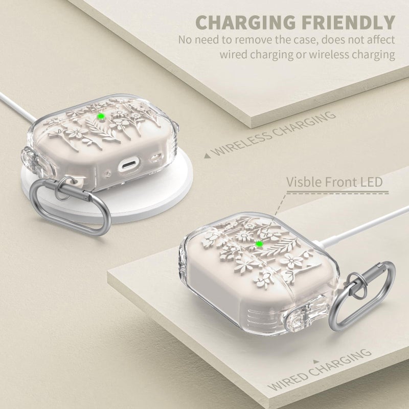 TUDIOW for Airpods Pro 2nd/1st Generation Case with Lock, Floral Flower Engraved Airpod Pro 1&2 Protective Cover with Cleaner Kit&Keychain&Lanyard for AirPods Pro 2nd/1st Gen (Off White) - Image 3
