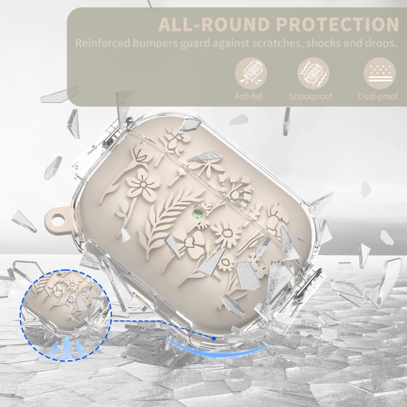 TUDIOW for Airpods Pro 2nd/1st Generation Case with Lock, Floral Flower Engraved Airpod Pro 1&2 Protective Cover with Cleaner Kit&Keychain&Lanyard for AirPods Pro 2nd/1st Gen (Off White) - Image 2