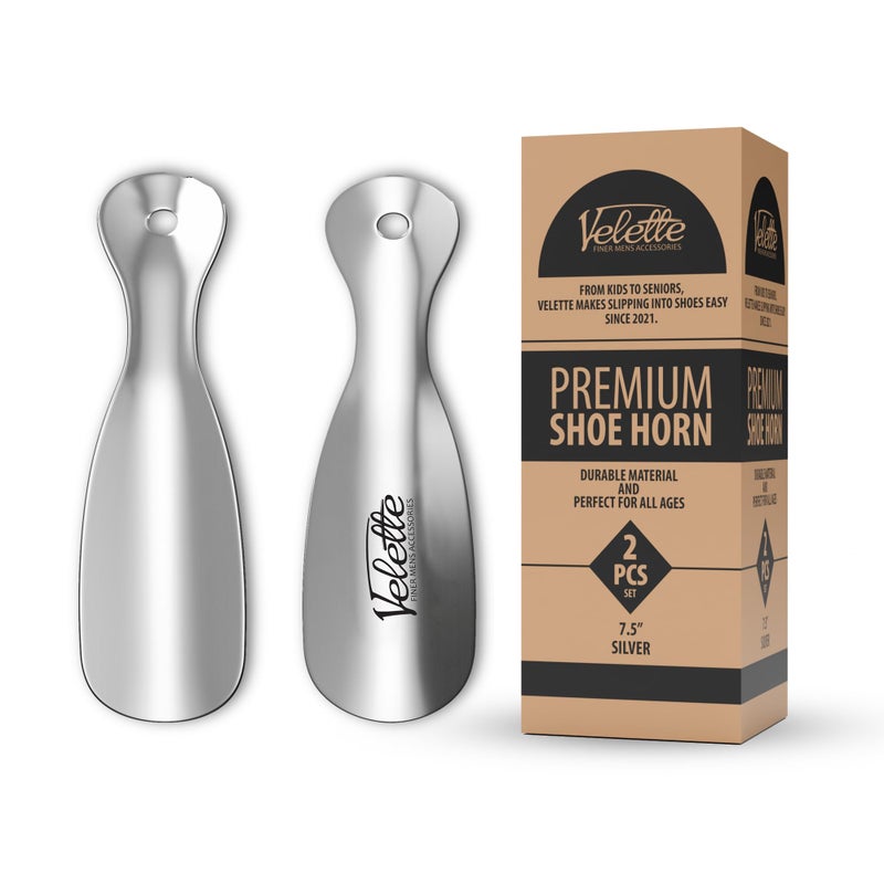 Velette Metal Shoehorn - 2 Pack 7.5" Long Shoe Horn, Travel Shoe Horn for Kids, Men & Women - Shoes Helper, Spoon, Travel Size Shoehorn for Boots, Shoes, Sneakers, Heels and More - Image 1
