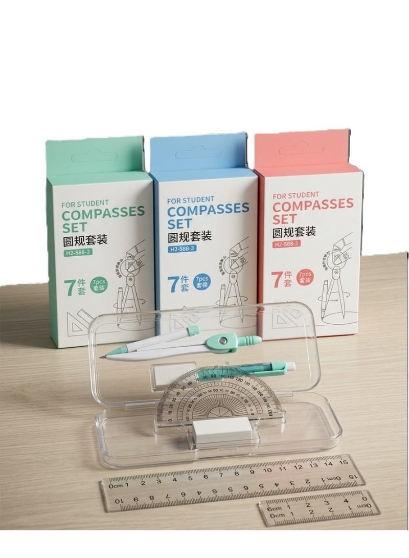 Student Geometric Compasses Set, 7 Pieces with Clear Case - Assorted Pastel Colors