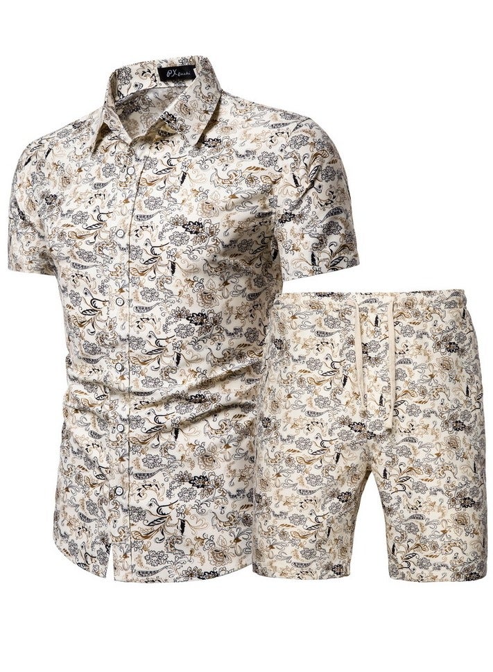 KUYING Men's Short Sleeved Shirt Set, Men's Casual Printed Shirt Shorts Two-piece Set 