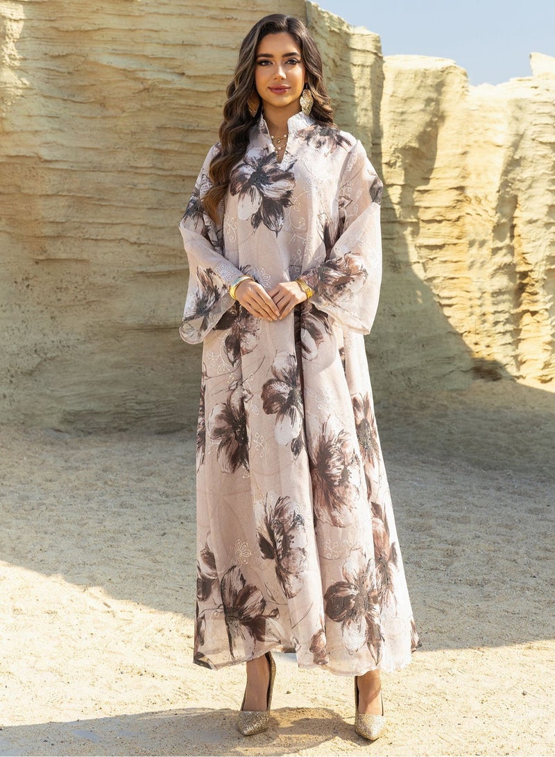 New Morocco Floral Print Abaya Dubai Muslim Elegant Women Evening Dress Mesh Sleeve Maxi Dress  - Image 1