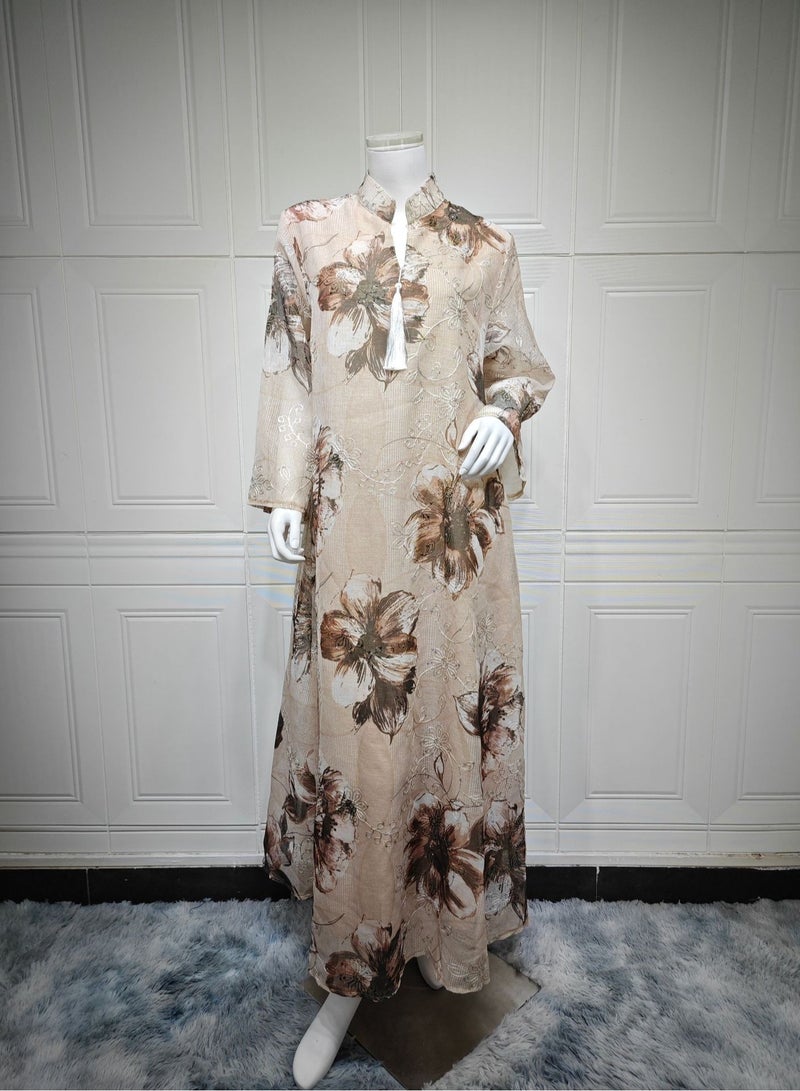 New Morocco Floral Print Abaya Dubai Muslim Elegant Women Evening Dress Mesh Sleeve Maxi Dress  - Image 5