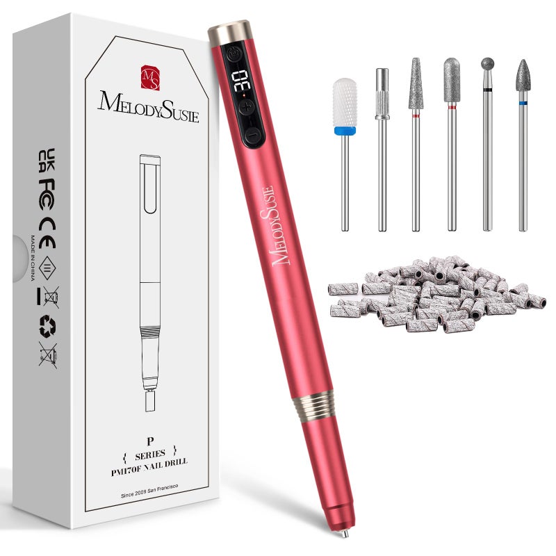 MelodySusie MelodySusie Portable Electric Nail Drill Cordless 30000RPM Nail EFile with Drill Bits  Ultra Fine Sanding Bands for Manicure Pedicure Professional Nail File Tool for Women PM170F Red