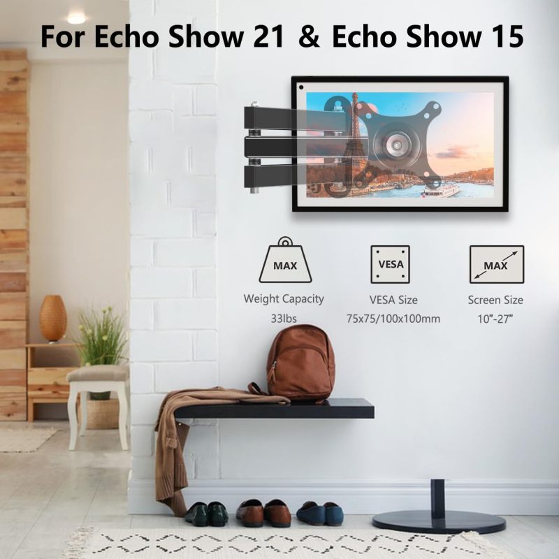 Wall Mount for Echo Show: 3-Arm Adjustable 360° Rotation, 16.7" Extension, VESA 100x100, 33 Lbs Capacity, Black Steel, Easy Installation for Echo Show 15, Echo Show 21, 10-30 Inch LED LCD Screens, Hom - Image 3