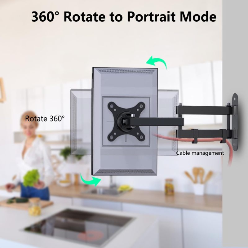 Wall Mount for Echo Show: 3-Arm Adjustable 360° Rotation, 16.7" Extension, VESA 100x100, 33 Lbs Capacity, Black Steel, Easy Installation for Echo Show 15, Echo Show 21, 10-30 Inch LED LCD Screens, Hom - Image 5