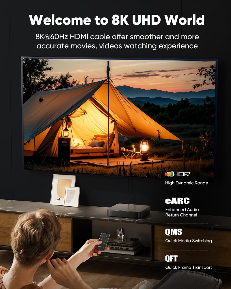 Capshi 2ft 8K 4K@120Hz HDMI Cable 2.1, 48Gbps High Speed Cord for PS5/4, TV, Gaming Console, Monitor, 8K@60Hz, 2K@240Hz, 144Hz, Support HDR, eARC, DTS:X, HDCP 2.2 & 2.3, Braided, Black - Image 2