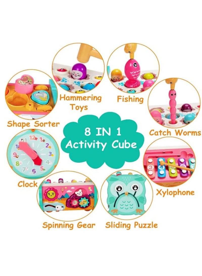 Raxoom 8 in 1 Toddler Activity Cube, Baby Montessori Developmental Toy Fine Motor Skills,Educational Hammering Toys Sensory Fishing Games Xylophone Shape Sorter Busy Toy for 1 2 3 4 Year Old Boy Girl Gift - Image 4