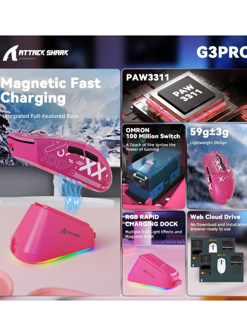 هجوم القرش ماوس ألعاب لاسلكي G3PRO مع قاعدة شحن RGB، 2.4 جيجاهرتز/USB-C سلكي/بلوتوث PAW3311، مستشعر بصري، معدل استطلاع 1K قابل للتعديل، 25 ألف نقطة في البوصة، بطارية 500 مللي أمبير/ساعة، فأرة خفيفة الوزن للغاية 59 جرام - Image 3