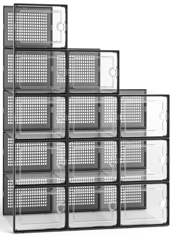Kuject Large Shoe Organizers Storage Boxes for Closet, 12 Pack Clear Plastic Stackable Storage Bins with Lids, Under Bed Shoe Containers for Entryway, Drop Front, Fit up to Women's Size 10,Black - Image 1