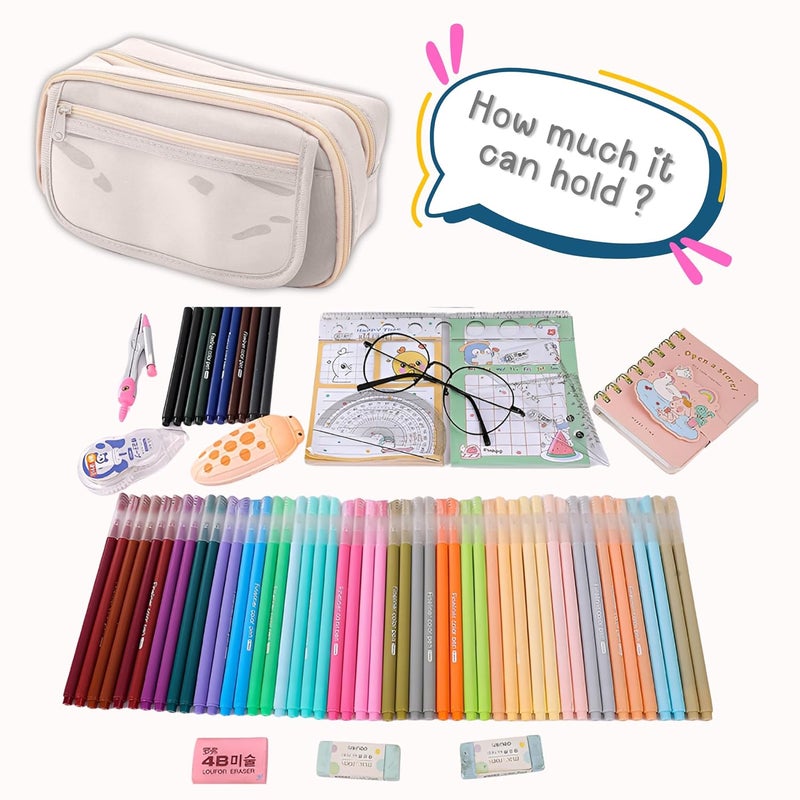 FINEMOE Large Capacity 9-Layer Canvas Pencil Pouch for Girls & Boys, Multipurpose Aesthetic Pouch for Stationery Items, Makeup, Accessories, College Essentials for Students, Gift for Kids (White) - Image 5