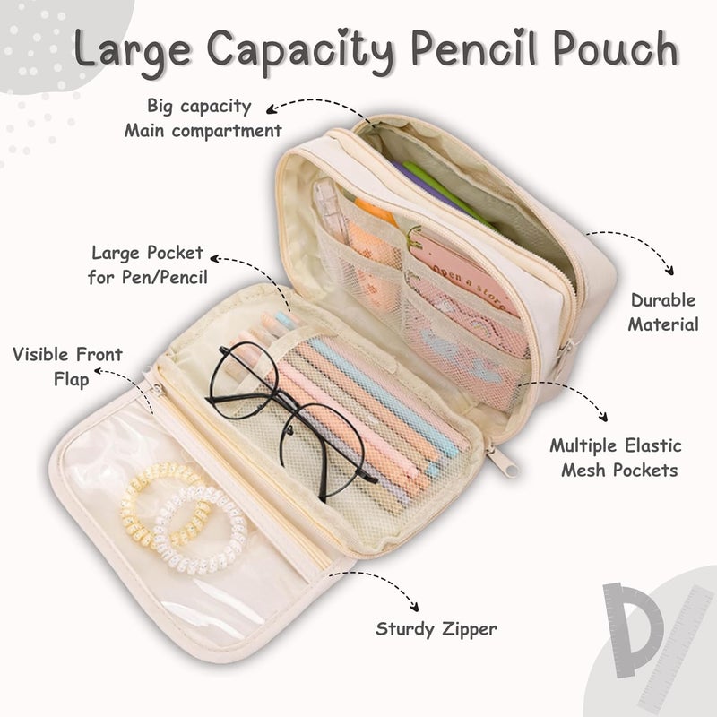 FINEMOE Large Capacity 9-Layer Canvas Pencil Pouch for Girls & Boys, Multipurpose Aesthetic Pouch for Stationery Items, Makeup, Accessories, College Essentials for Students, Gift for Kids (White) - Image 2
