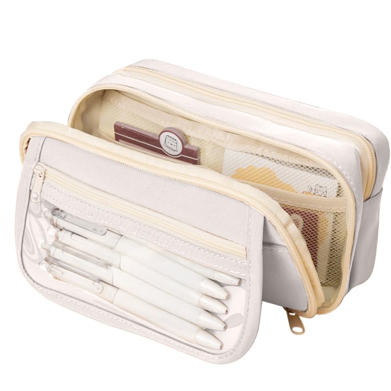 FINEMOE Large Capacity 9-Layer Canvas Pencil Pouch for Girls & Boys, Multipurpose Aesthetic Pouch for Stationery Items, Makeup, Accessories, College Essentials for Students, Gift for Kids (White) - Image 1