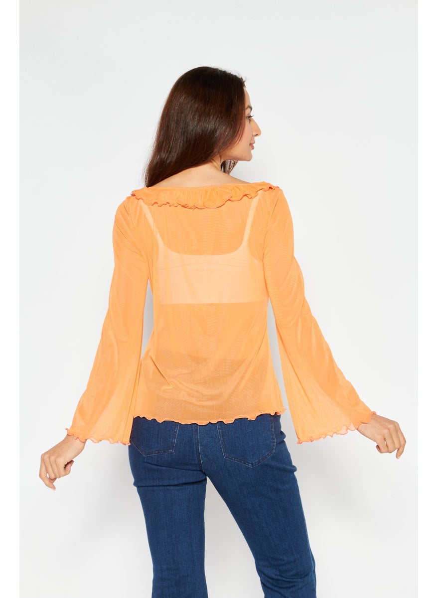 Dippin' Daisy's - Women Ruffle  Neck Long Sleeve Textured Top, Orange - Image 1