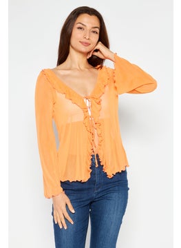 Women Ruffle  Neck Long Sleeve Textured Top, Orange