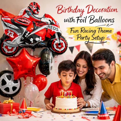 Propsicle Super Bike Racing Birthday Balloons Pack of 5-28 Inch Red Racing Bike with 2 Red Star & 2 Round Tire Foil Balloons - Kids Prince Theme Birthday Decoration - Image 5