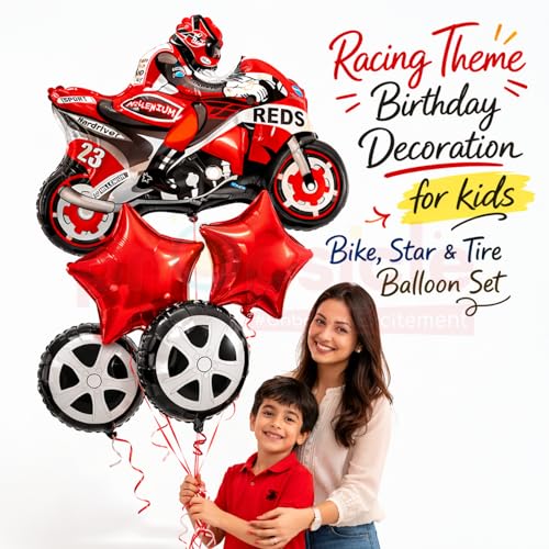 Propsicle Super Bike Racing Birthday Balloons Pack of 5-28 Inch Red Racing Bike with 2 Red Star & 2 Round Tire Foil Balloons - Kids Prince Theme Birthday Decoration - Image 3