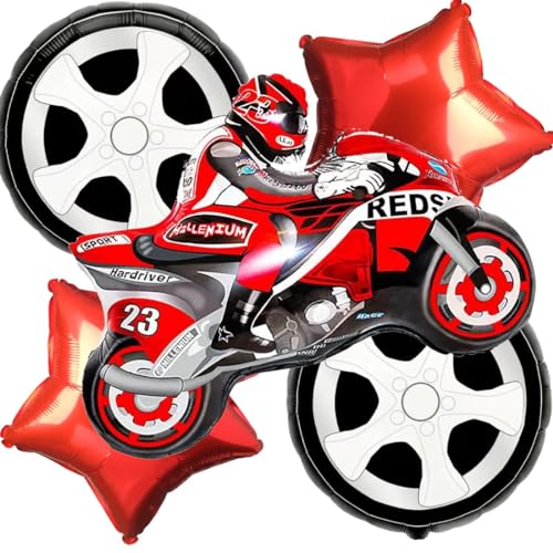 Propsicle Super Bike Racing Birthday Balloons Pack of 5-28 Inch Red Racing Bike with 2 Red Star & 2 Round Tire Foil Balloons - Kids Prince Theme Birthday Decoration - Image 1