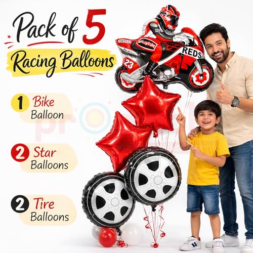 Propsicle Super Bike Racing Birthday Balloons Pack of 5-28 Inch Red Racing Bike with 2 Red Star & 2 Round Tire Foil Balloons - Kids Prince Theme Birthday Decoration - Image 2