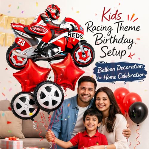 Propsicle Super Bike Racing Birthday Balloons Pack of 5-28 Inch Red Racing Bike with 2 Red Star & 2 Round Tire Foil Balloons - Kids Prince Theme Birthday Decoration - Image 4