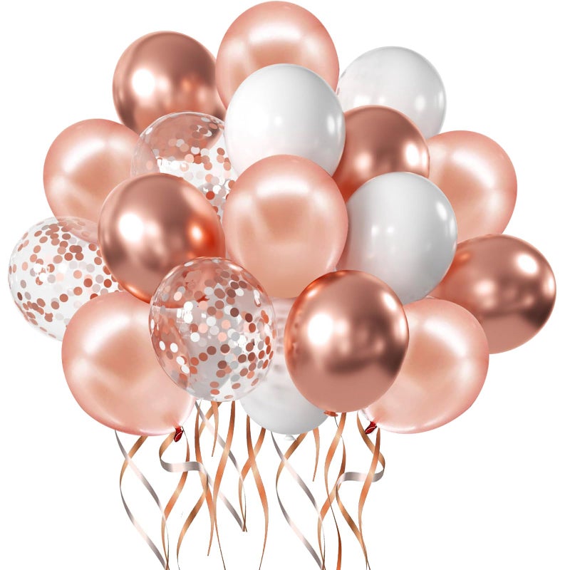 Zesliwy Rose Gold Confetti Balloons 50 Pack 12 inch White and Rose Gold Latex Balloons with 33 Feet Rose Gold Ribbon for Birthday Party Wedding Graduation Bridal Shower Decorations