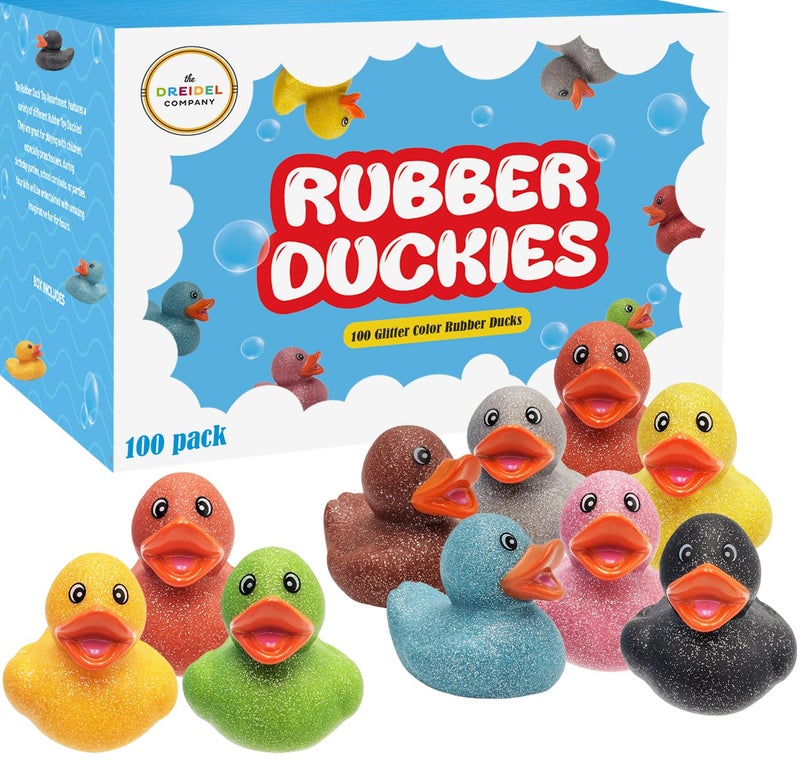 The Dreidel Company Glitter Rubber Duck Toy Assortment Duckies for Kids, Bath Birthday Gifts Baby Showers Summer Beach and Pool Activity, 2" (100-Pack) - Image 1