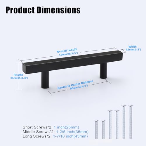 KNOBWELL 6 Pack 3-1/2" Black Cabinet Door Handles, Stainless Steel Kitchen Cupboard Dresser Drawer Handle Pulls, Hole Center 3.5in(90mm), Overall Length 5-3/5 inch - Image 4
