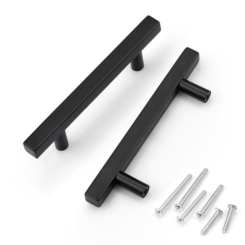KNOBWELL 6 Pack 3-1/2" Black Cabinet Door Handles, Stainless Steel Kitchen Cupboard Dresser Drawer Handle Pulls, Hole Center 3.5in(90mm), Overall Length 5-3/5 inch - Image 1