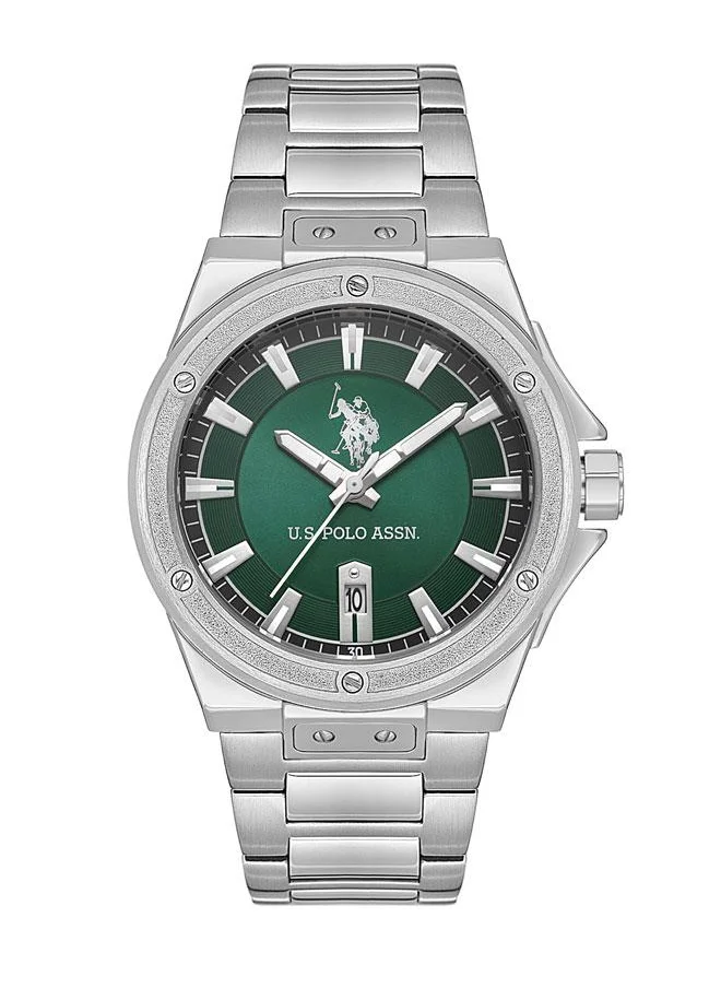 يو اس بولو اسن U.S. Polo Assn. Fundamental Men's 42mm Silver Watch with Green Dial, Chronograph & Stainless Steel Band - USPA1060-02, Style & Performance