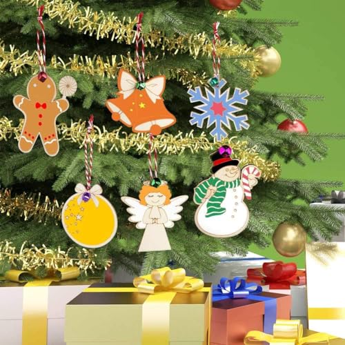 Haoser 18 pcs Wooden Christmas Ornaments Unfinished Wood Slices with Holes for Kids DIY Crafts Centerpieces Holiday Hanging Decorations, 6 Styles(Only Cutouts) Pen are not Included - Image 3