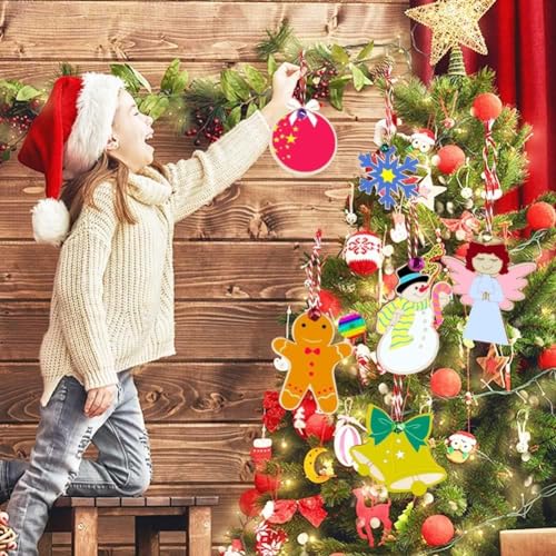 Haoser 18 pcs Wooden Christmas Ornaments Unfinished Wood Slices with Holes for Kids DIY Crafts Centerpieces Holiday Hanging Decorations, 6 Styles(Only Cutouts) Pen are not Included - Image 4