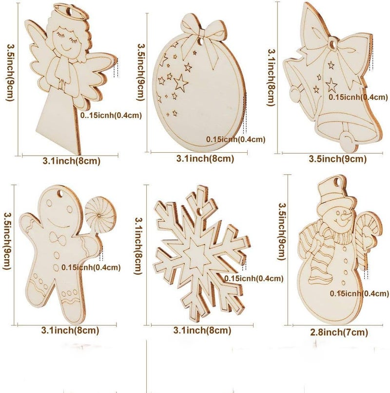Haoser 18 pcs Wooden Christmas Ornaments Unfinished Wood Slices with Holes for Kids DIY Crafts Centerpieces Holiday Hanging Decorations, 6 Styles(Only Cutouts) Pen are not Included - Image 2