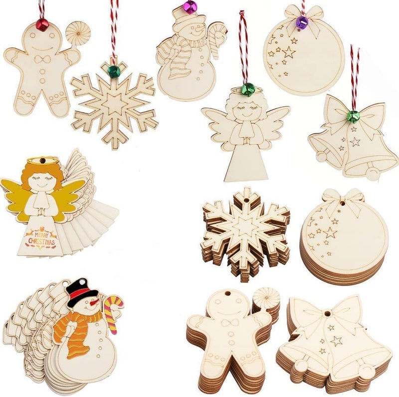 Haoser 18 pcs Wooden Christmas Ornaments Unfinished Wood Slices with Holes for Kids DIY Crafts Centerpieces Holiday Hanging Decorations, 6 Styles(Only Cutouts) Pen are not Included - Image 1
