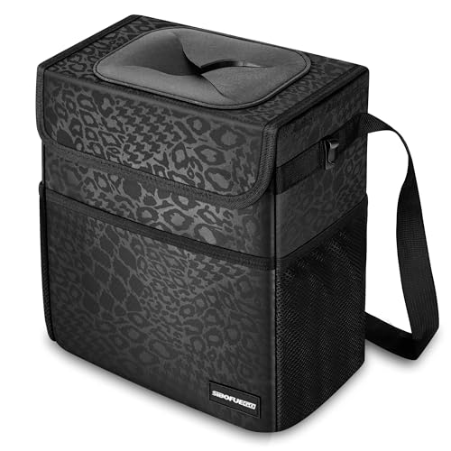 SIBOFUEGO Cute Car Trash Can with Lid – Multipurpose Collapsible Trash Bin for Car, Leak-Proof Organizer, Waterproof Garbage Can with Storage Pockets & Adjustable Straps, 2 Gallons (Black Leopard) - Image 1