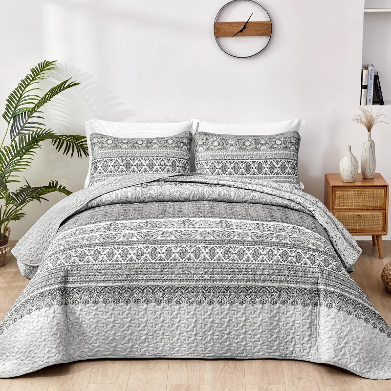 WONGS BEDDING Boho King Quilt Set Grey Bohemian King Quilt Bedding Set Lightweight Microfiber Bed Decor Bedspread for All Season 103x903 Pieces - Image 2