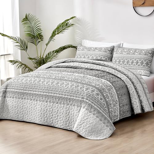 WONGS BEDDING Boho King Quilt Set Grey Bohemian King Quilt Bedding Set Lightweight Microfiber Bed Decor Bedspread for All Season 103x903 Pieces - Image 3